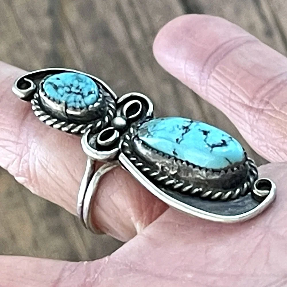 Long Navajo Nugget Turquoise Ring Sz 8 Signed Sterling‎ 8.6g VTG Mid Century 60s